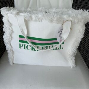 Pickleball Fringe Canvas Tote Bag in White